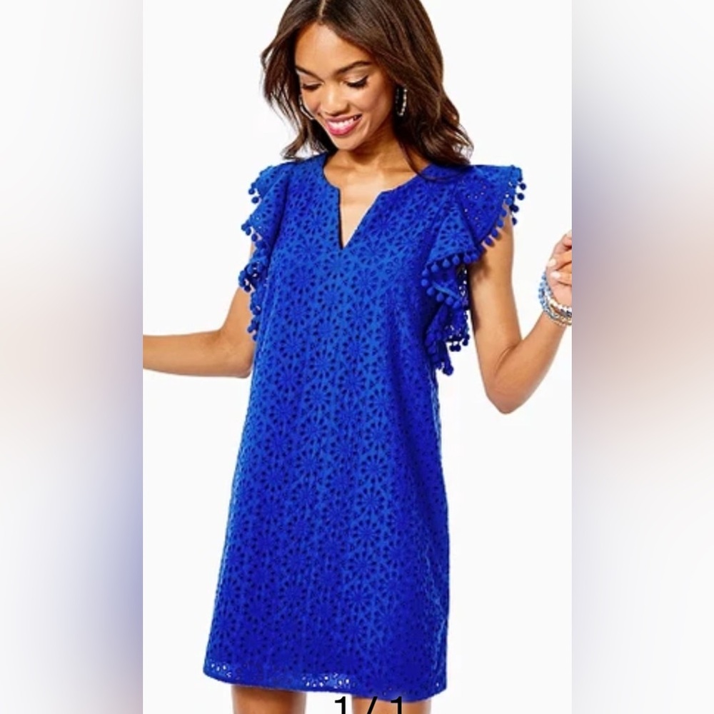Lilly Pulitzer Vibrant Blue Eyelet Dress with Ruffle Sleeves